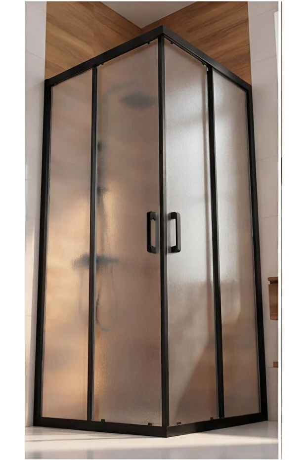 Duşakabin Kare Siyah Buzlu Temperli Cam Sürgülü Kapılı Duşakabin 5 mm 190 cm Teknesiz